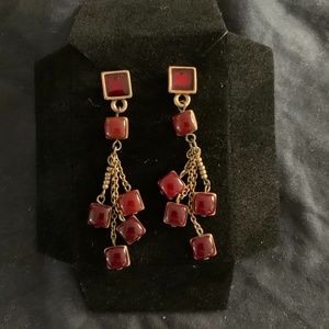 Chico’s earrings, aged gold tone with garnet dangles